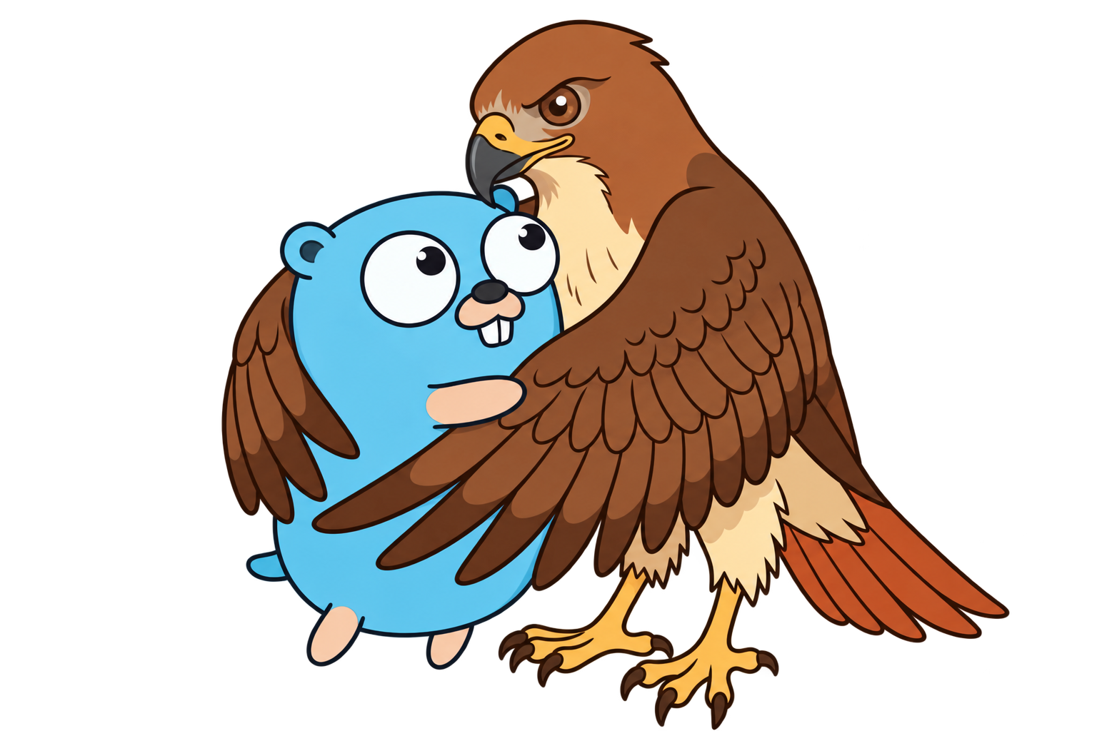 A hawk sheltering the Go gopher
